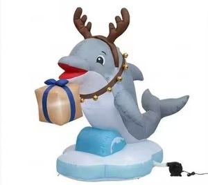 Inflatable Christmas Dolphin With Reindeer Antlers And <b>Gift</b> <b>Box</b> Outdoor Holiday Decoration 4-6 Ft Plug Powered Multi Color - Product Image 1