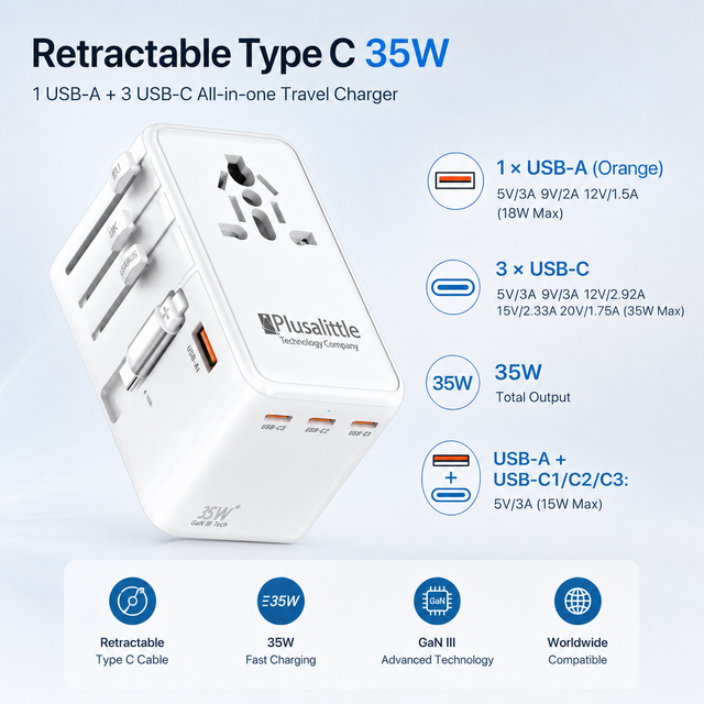 35W GaN Universal Travel Adapter with Retractable Cable 3 USB C Ports USB A Fast Charger Multi Plug charger for Worldwide Travel