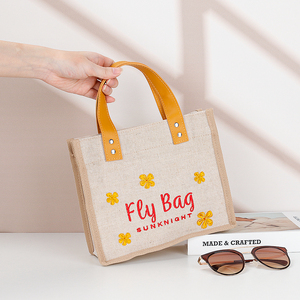 Custom Embroidered Logo Linen/Cotton Blend <b>Mini</b> <b>Tote</b> <b>Bag</b> with Hand Length Handle Shopping Daily Use - Product Image 2