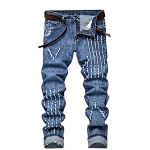 Jean en denim délavé déchiré coupe droite pour homme, style décontracté, coupe slim, couleur unie foncée - Product Image 1