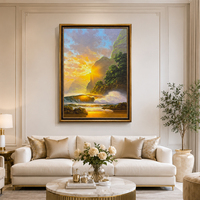 Peinture à l'huile peinte à la main Coucher de soleil sur la mer, Vague de l'océan, Falaise, Rayons de soleil dorés, Paysage marin de la côte rocheuse, Décoration murale sur toile