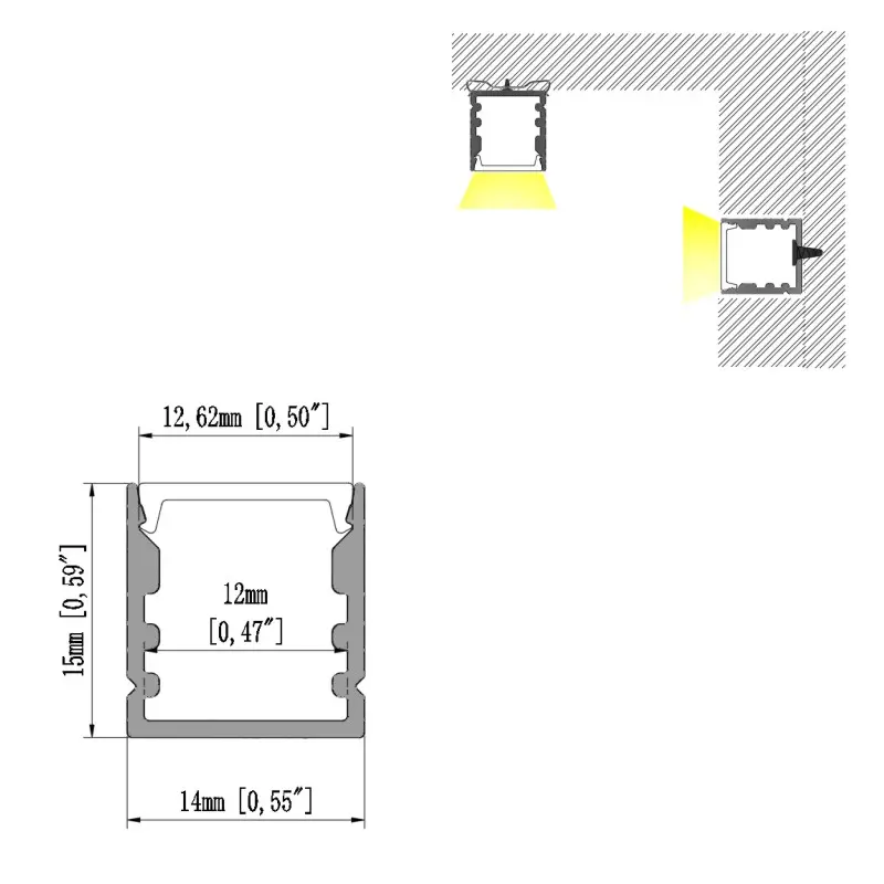 Nhà Máy Giá Chất Lượng Cao 14Mm X 15Mm 6063 Hợp Kim Nhôm Lõm LED Nhôm Hồ Sơ Cho LED Ánh Sáng Tủ Ánh Sáng 1M Chiều Dài