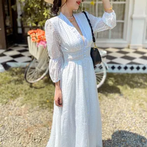 YUNNES Ladies Clothing Lantern Three Quarter Sleeve Formal Women's White Career Dresses for Women Elegant