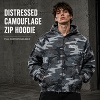 Sweat à capuche zippé camouflage entièrement personnalisé pour homme, délavage vintage, effet éclaboussures de peinture, effet usé et déchiré, streetwear épais, commande d'essai en gros