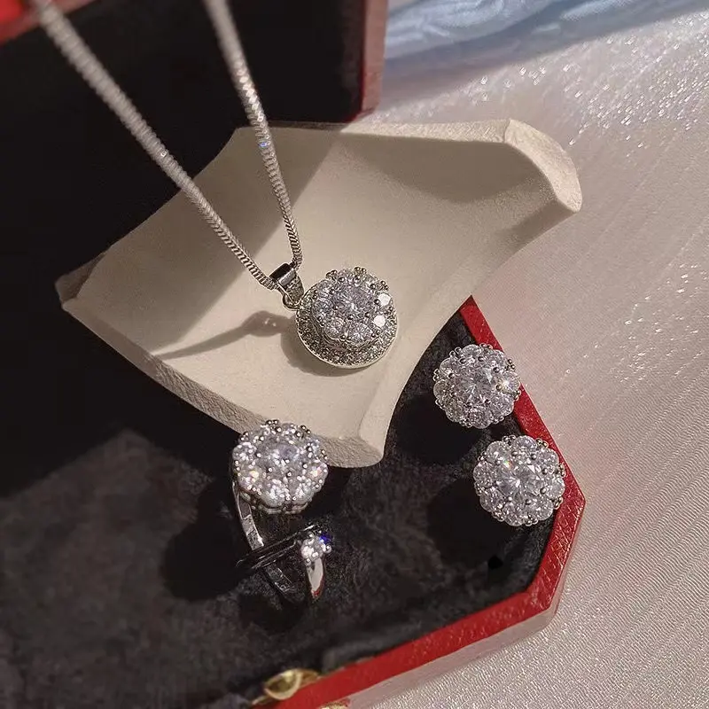 Hifive, pendientes de diamantes chapados en plata giratorios de lujo, collar con purpurina de Zirconia cúbica, anillos de cristal redondos, collar, conjunto de joyería