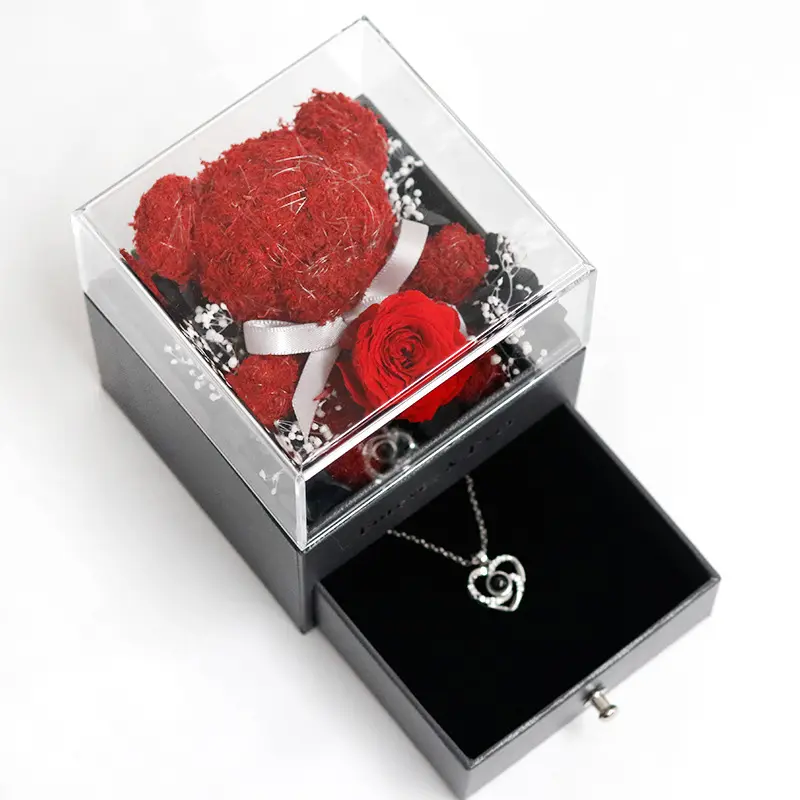 Schöne schöne geschenkbox aus Acryl für Bär konservierte Rose Blume mit Schublade für Valentinstag und Muttertagsgeschenk