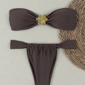 Solid Color 2025 Textured Triangle One-Shoulder Women <b>Bikini</b> <b>Set</b> Bowknot 2 Piece Custom Quick Dry Push V-<b>Strings</b> Swimsuit - Product Image 4