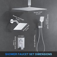 Ensemble de douche 12 pouces à montage au plafond, système de douche pluie avec 2 douches à effet pluie carrées, douchette à main, bouton poussoir de déviation et kit de finition en laiton