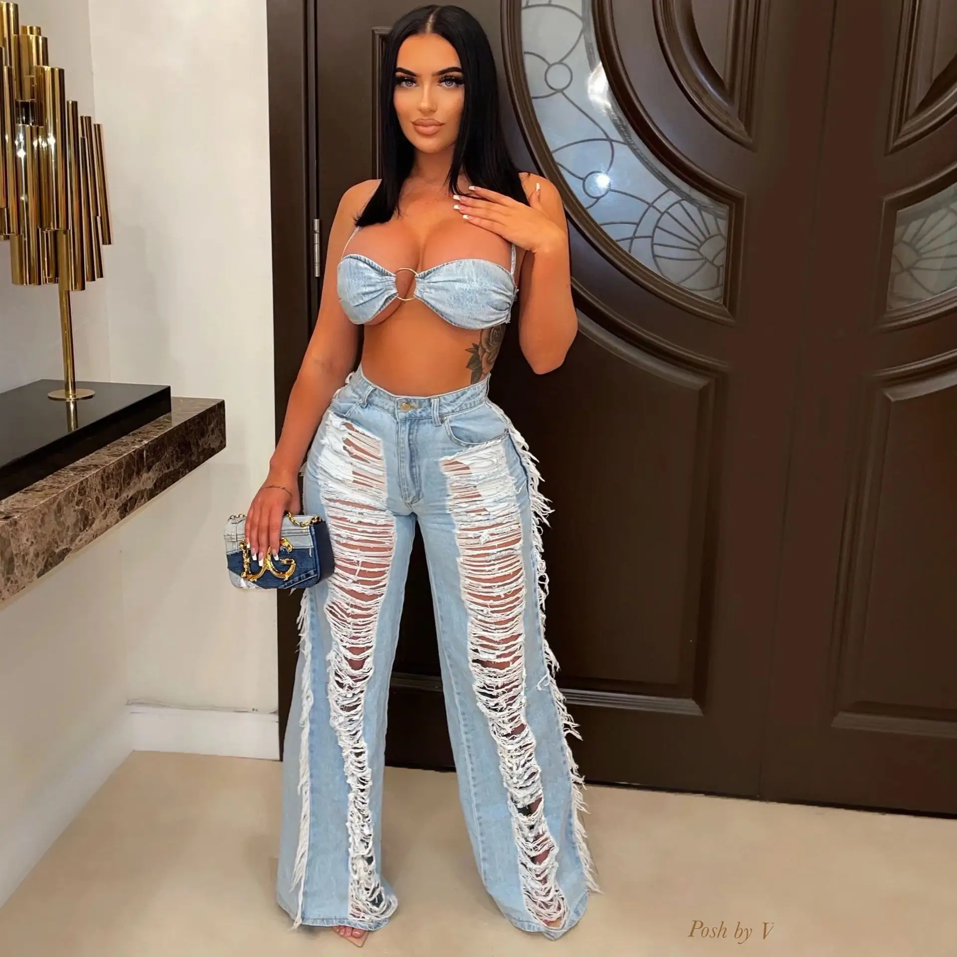 CUTENOVA MY22ST020 2023 New Cotton Denim Tube Top Ripped Tassel Sexy Women's Sets Women's Jeans two piece pants set