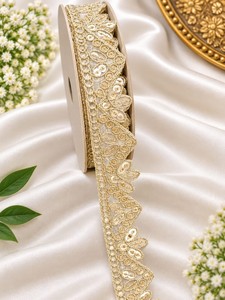 Golden Floral Embellished <b>Lace</b> Trim Saree Lehenga Bridal Dress Sequin Border Embroidery Decorative <b>Ribbon</b> Ethnic Wear Glitter - Product Image 2