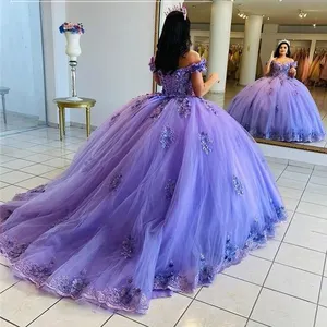 QD1636 Purple Quinceanera Dresses Off Shoulder Appliqued Tulle Ball Gown Vestidos De 15 Anos Birthday Formal Party Wear