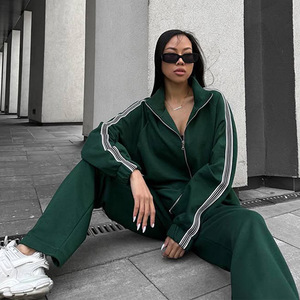 Tuta Sportiva alla Moda con Strisce Laterali, Maniche Lunghe e Pantaloni, Completo Due Pezzi per <span class=keywords><strong>Donna</strong></span> - Product Image 1