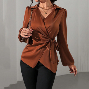 Elegante Camicia in Raso a Maniche Lunghe <span class=keywords><strong>con</strong></span> <span class=keywords><strong>Cintura</strong></span> in Vita per Donne, Camicie da Lavoro Monocolore per Signore - Product Image 1