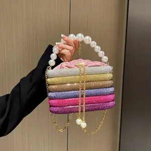 2024 Wholesale Colorful Lady the Bucket Purse Small Clutches Wedding Evening Purse Pearl Handle Chain Women Party Purse Clutch