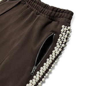 Pantalones Culottes de Pierna Ancha con Cuentas de Perlas Marrones de Alta Calidad, Cintura Elástica, Bolsillos con Cremallera, Pantalones de Punto Elegantes e Informales para Hombre - Product Image 4