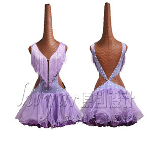 Vestido de Competición de Baile Latino para Mujer Adulta 2026, Estilo con Borlas, Falda Plisada con Flecos en Morado Claro - Product Image 6