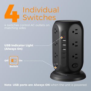 Multiprise <span class=keywords><strong>TESSAN</strong></span> avec protection contre les surtensions, 10 pieds, prise plate noire, 12 prises, 5 ports USB (2 C 3 A), interrupteurs individuels pour - Product Image 2