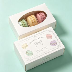 Boîte cadeau macaron écologique et recyclable en carton rigide avec fenêtre transparente, saveurs assorties, design boulangerie française - Product Image 1