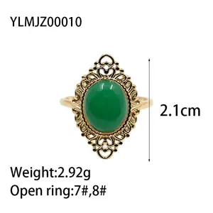 2023 אופנה אמרלד טבעי אבן תכשיטי 18K מצופה זהב נירוסטה טבעות Bijoux נשים