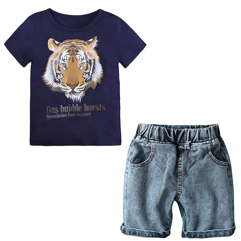 Wholesale 2021 Fashionable Tiger Printed Boys Clothing Customization Jean Pants Boys Summer T-shirt Sets
