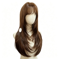 Perruque droite superposée style coréen avec frange aérienne, châtain clair, ligne de cheveux naturelle, pour usage quotidien et séances photo