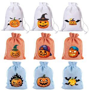 Sac en toile de jute pour fête d'Halloween 13x18cm, sac en lin à cordon, pochette citrouille effrayante, idéal pour décorations d'Halloween, emballage de bonbons et badges - Product Image 3