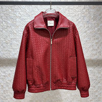 Blouson Bomber Unisexe en Cuir Véritable Tressé Bordeaux à Manches Longues, Fermeture Éclair sur le Devant, Ourlet Côtelé, Poches, Taille Personnalisée, Veste d'Automne