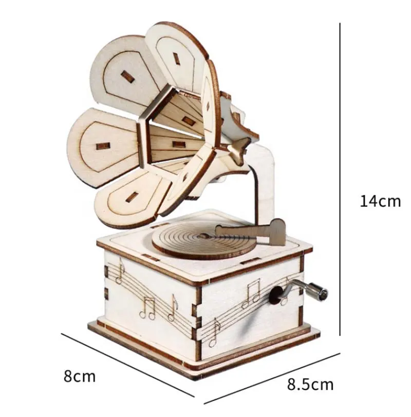 3D ahşap müzik kutusu bulmaca modelleri kitleri için çocuk el yapımı inşaat blok oyuncak DIY montaj mekanizması gramofon hediye inşa etmek