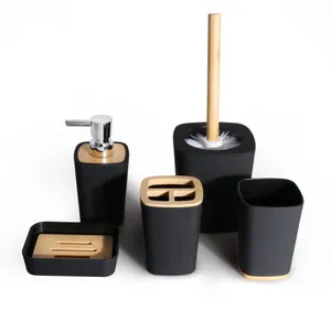 Banyo ABS bambu kolu siyah mat tuvalet fırçası ile 5 adet Set sıkılabilir şişe diş fırçası tutucu gargara kupa