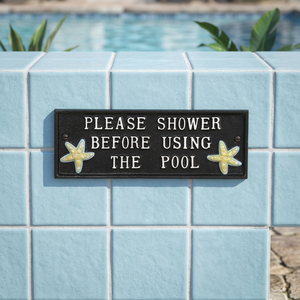 Panneau de piscine en métal moulé à la main, avec la phrase « Veuillez vous doucher avant d'utiliser la piscine », décoratif, motif étoile de mer côtière, pour la décoration - Product Image 1