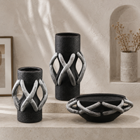 Vase à fleurs en céramique moderne, design géométrique à boucles croisées, vase texturé noir et gris pour table console, décoration intérieure