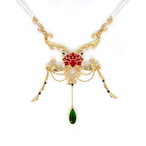 [Expo de Joyería Internacional de Hong Kong] Collar de Perlas con Peonías Doradas y Detalles de Rubí y Esmeralda para Banquetes de Boda Neo-Chinos - Product Image 1