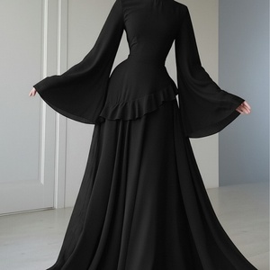 Modest Brown Chiffon Maxi Dress with Flared <b>Bell</b> Sleeves & Ruffle Detail | Elegant Muslim Formal Evening Gown (1115) - Product Image 2