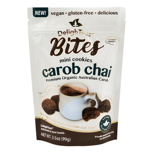 Sachet refermable personnalisé pour biscuits au <span class=keywords><strong>caroube</strong></span> et au chai, végétalien et sans gluten, sac refermable biologique pour l'emballage de mini-collations saines - Product Image 1