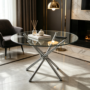 Table basse ronde moderne en verre avec structure en métal, meubles de salon, facile à nettoyer - Product Image 6