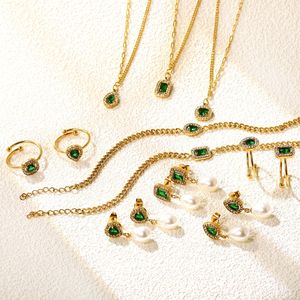 Fashion Niche Retro Teardrop Green Crystal Jewelry <b>Set</b> For Women Party Geometric Stud Earrings Necklace <b>Bracelet</b> Gold Tone - Product Image 1