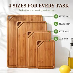 Ensemble de 4 planches à découper en bambou carbonisé, emballage cadeau personnalisé, robuste, anti-moisissure, certifiées FSC, avec rainure pour les jus - Product Image 2
