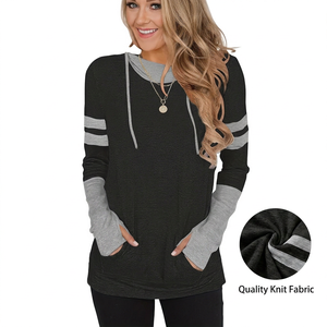 Women's Hooded <b>Long</b> Sleeve Knit T-Shirt Solid Color Striped Sleeves Loose Fit Casual <b>Top</b> All Seasons Wear Spring & Summer - Product Image 1