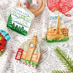 Décoration de Noël créative en verre peint, scène de téléphone et paysage, pendentif décoratif pour arbre de Noël, emballage en boîte - Product Image 1