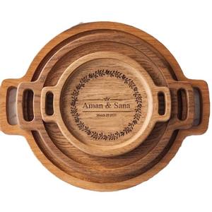 Plateau de service rond en bambou massif avec poignées Plateau en bois fabriqué à la main pour le petit déjeuner au lit ou les cadeaux de mariage Préféré des couples - Product Image 1