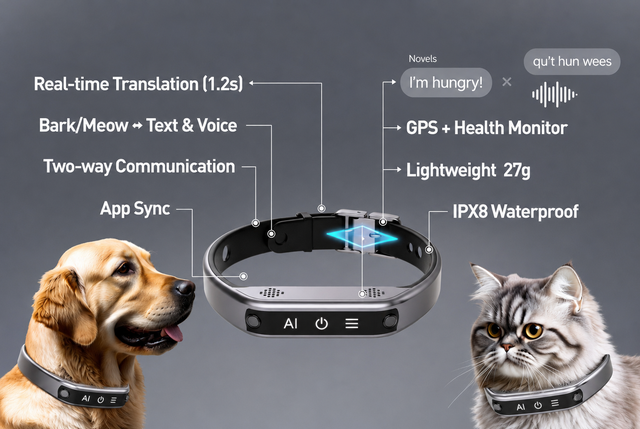 Real-Time AI Pet Translator Collar for Dogs and Cats - Two-Way Bark & Meow Translator with Voice Feedback