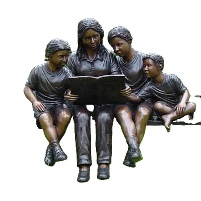 Fábrica forneceu tamanho de vida decoração ao ar livre bronze leitura mãe e crianças estátua para venda