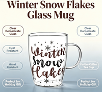 Mug en verre transparent imprimé Noël avec poignée, motif lettres festives, tasse à café ou à thé transparente, vaisselle de fête, cadeau de Noël