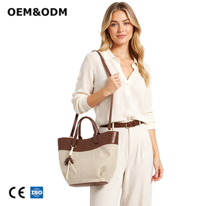 Bolso Tote de Cuero y Lino de Lujo, Elegante y Premium, con Textura Natural Mixta, para Uso Diario, Oficina, Trabajo y Compras - Product Image 1