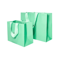 Bolsa de Compras de Papel con Asa de Cinta Verde Menta, Refuerzo de Cinta de Satén, Cartulina Gruesa Mate, Logotipo Personalizado, Bolsa para Tienda Minorista OEM/ODM