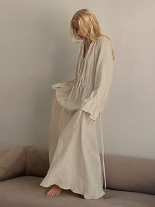Vestido largo holgado de <span class=keywords><strong>lino</strong></span> y algodón para mujer, verano 2026, personalizado, con manga larga, cordón ajustable y puños acampanados, estilo maxi relajado, de fábrica OEM - Product Image 2