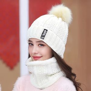 Wholesale Warm Winter Skullies Knitted <b>Hat</b> <b>Women</b> Brand High Quality Ball Ski Wool <b>Fur</b> Pompoms <b>Hats</b> Scarf - Product Image 3
