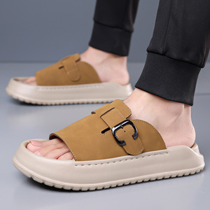 Men Suede <b>Slides</b> Open Toe EVA Outsole Breathable Casual Summer Sandals Buckle Strap Solid Pattern Textile - Product Image 2