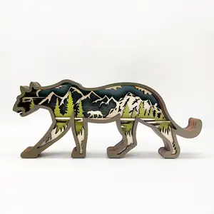 天然木豹图案家居餐桌桌面雕刻发光二极管木制动物装饰品多层木制森林动物装饰品