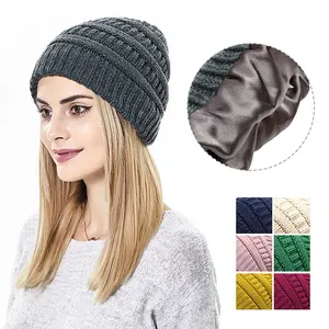 2022 Winter Warm Chunky Slouchy Women Knitted Hats Plain Acrylic Wholesale Multi-color Satin Lines Beanies